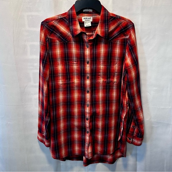 Ariat Western Style Button Down Shirt Orange & Navy Plaid Design Sz L - Picture 1 of 4